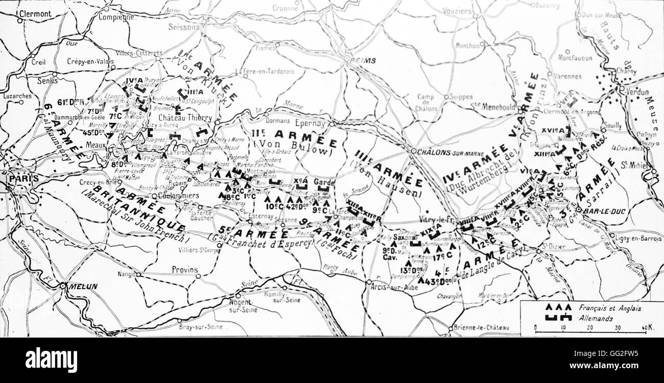 La prima guerra mondiale. Mappa delle posizioni dell esercito del 8 settembre 1914, alla fine della giornata. Foto Stock