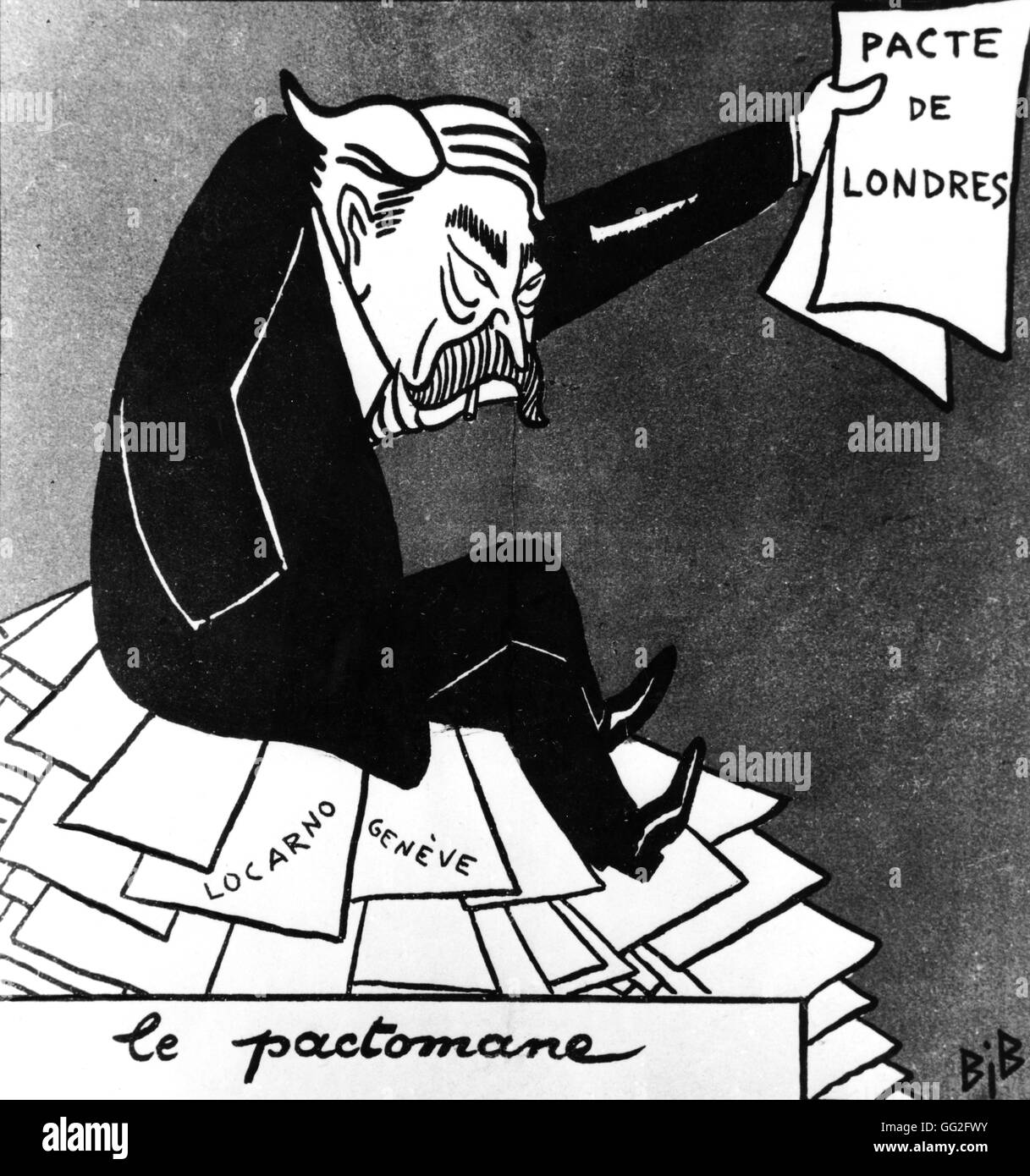 Interwar periodo. La caricatura del politico francese Aristide Briand intitolato 'Le Pactomane' riguardanti il Trattato di Londra Foto Stock