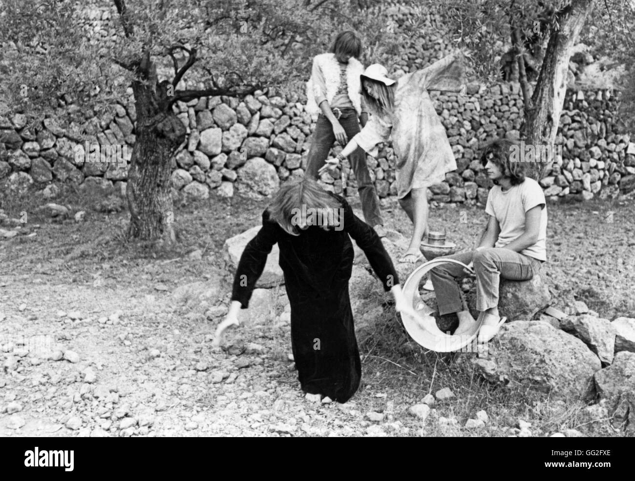 Luna Banana Band psichedelica, rock band. Daevid Allen, Gilli Smyth, Marc Blanc, Patrick Fontaine Deià (Deya), isole Baleari, 1968 Foto Stock