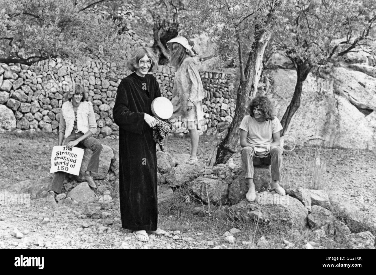 Luna Banana Band psichedelica, rock band. Daevid Allen, Gilli Smyth, Marc Blanc, Patrick Fontaine Deià (Deya), isole Baleari, 1968 Foto Stock