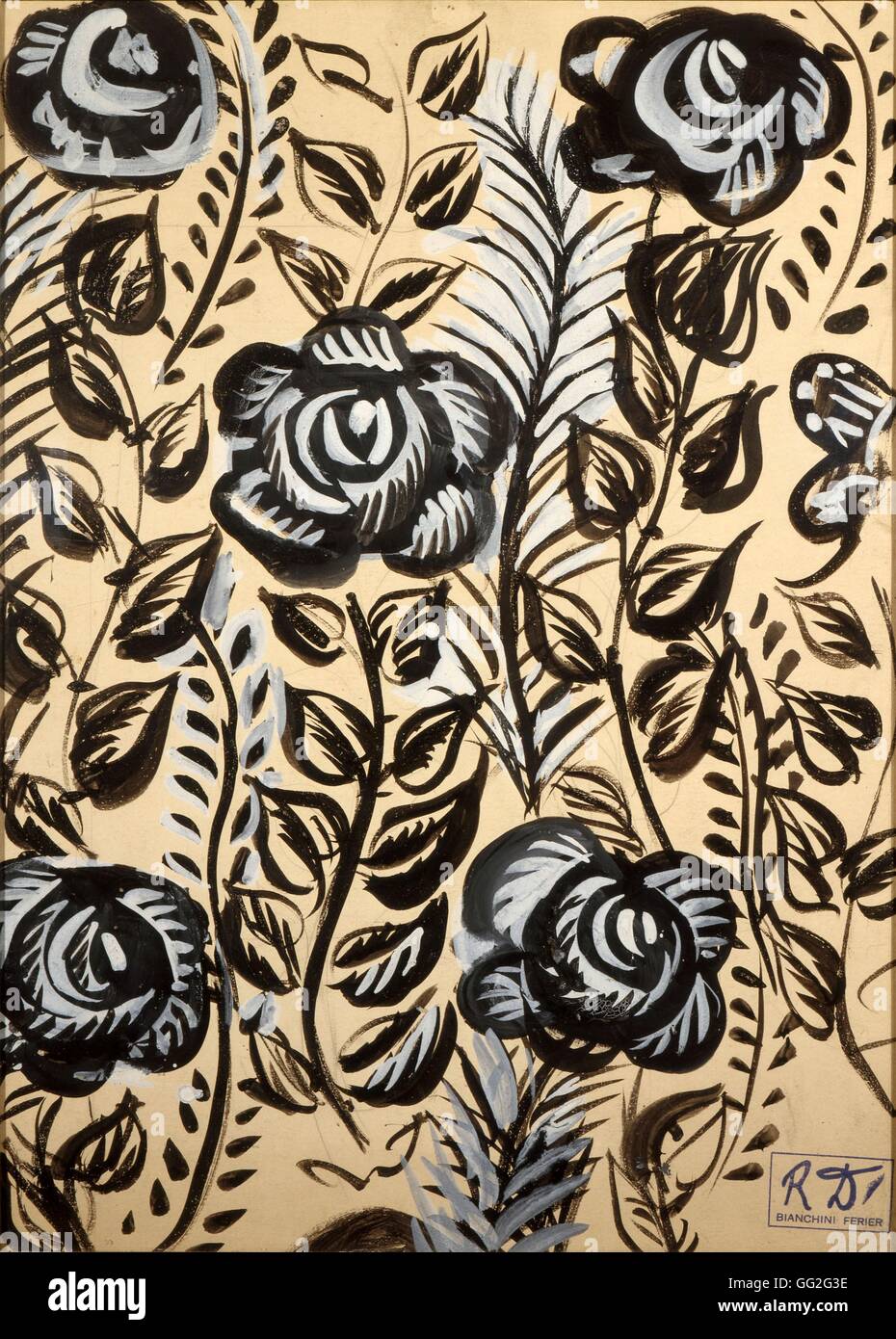 Raoul Dufy scuola francese blu rose gouache su carta (52 x 37 cm) Pattern sul tessuto progettato per la seta francese workshop Bianchini-Férier collezione privata Foto Stock