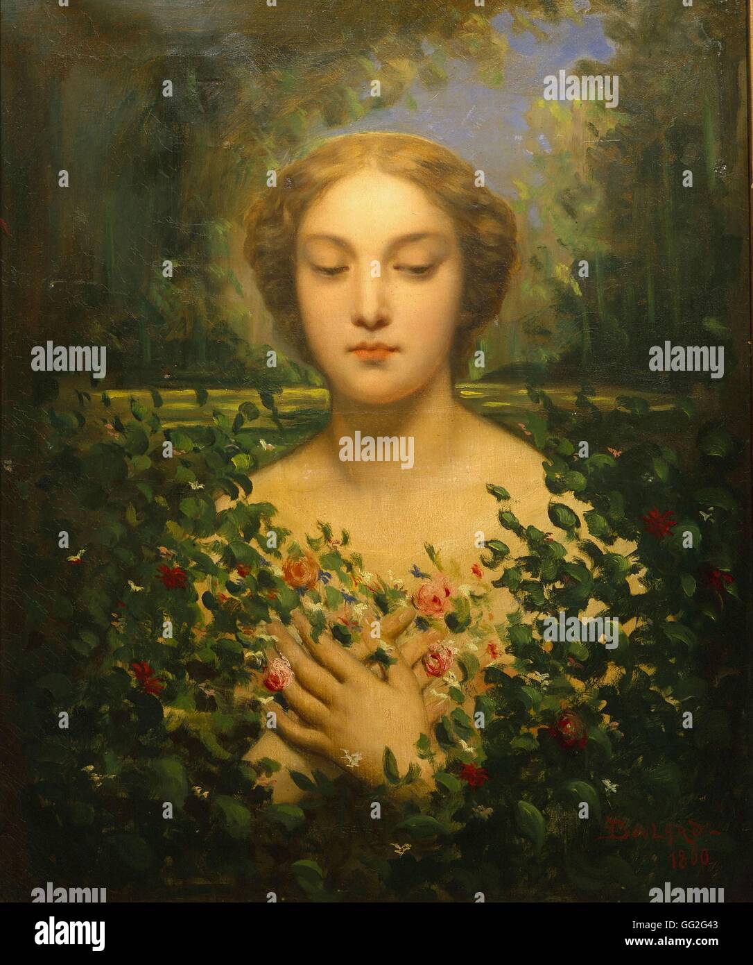 Auguste Boulard Suor scuola francese Donna con fiori Femme aux fleurs 1860 olio su tela (70 x 59 cm) Collezione privata Foto Stock