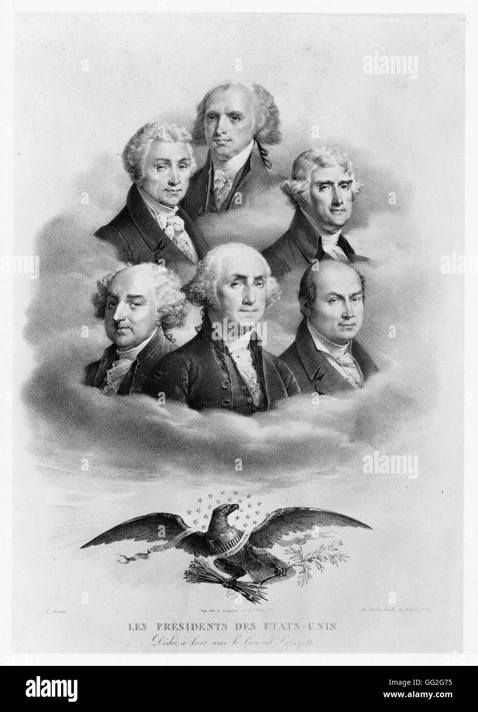 I presidenti degli Stati Uniti d'America. La didascalia recita: 'dedicato alla loro amico, generale Lafayette' incisione Foto Stock