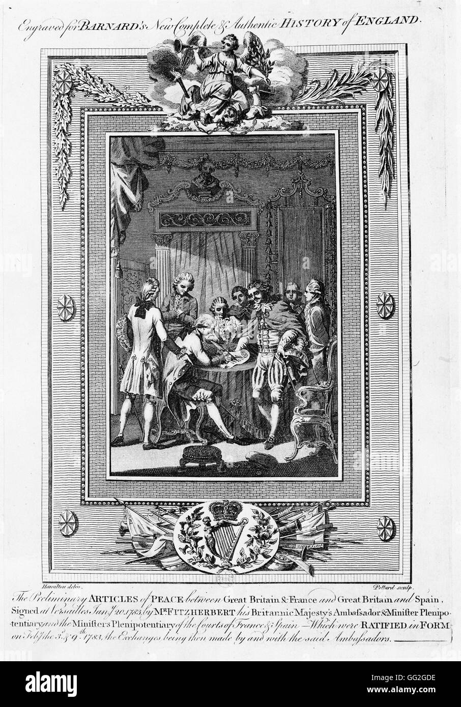 Firma di articoli preliminari di pace tra Gran Bretagna e Francia e Spagna, 20 gennaio 1783 a Versailles, Francia. Incisione Foto Stock