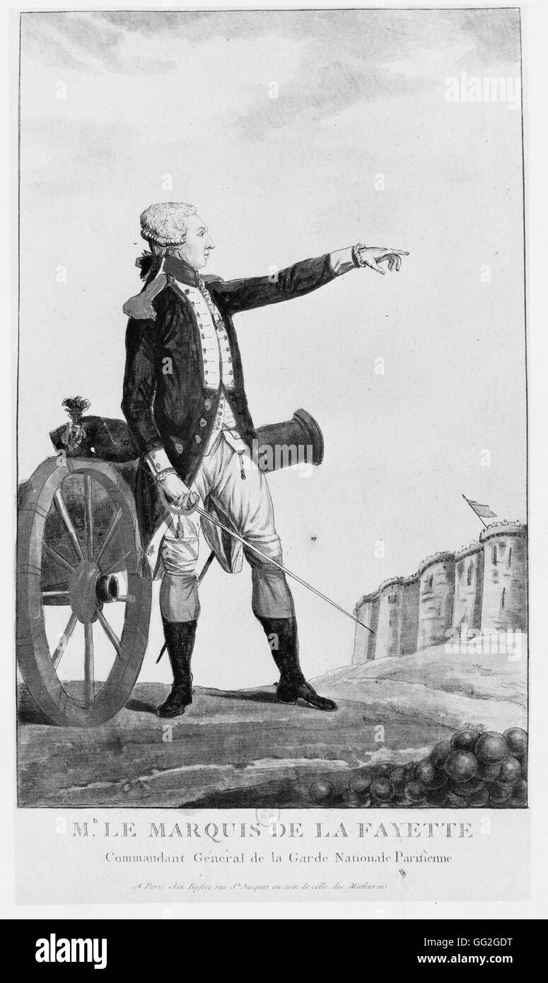 Ritratto del Marchese de Lafayette, Comandante generale del parigino Guardia Nazionale. Incisione del 1789 Foto Stock