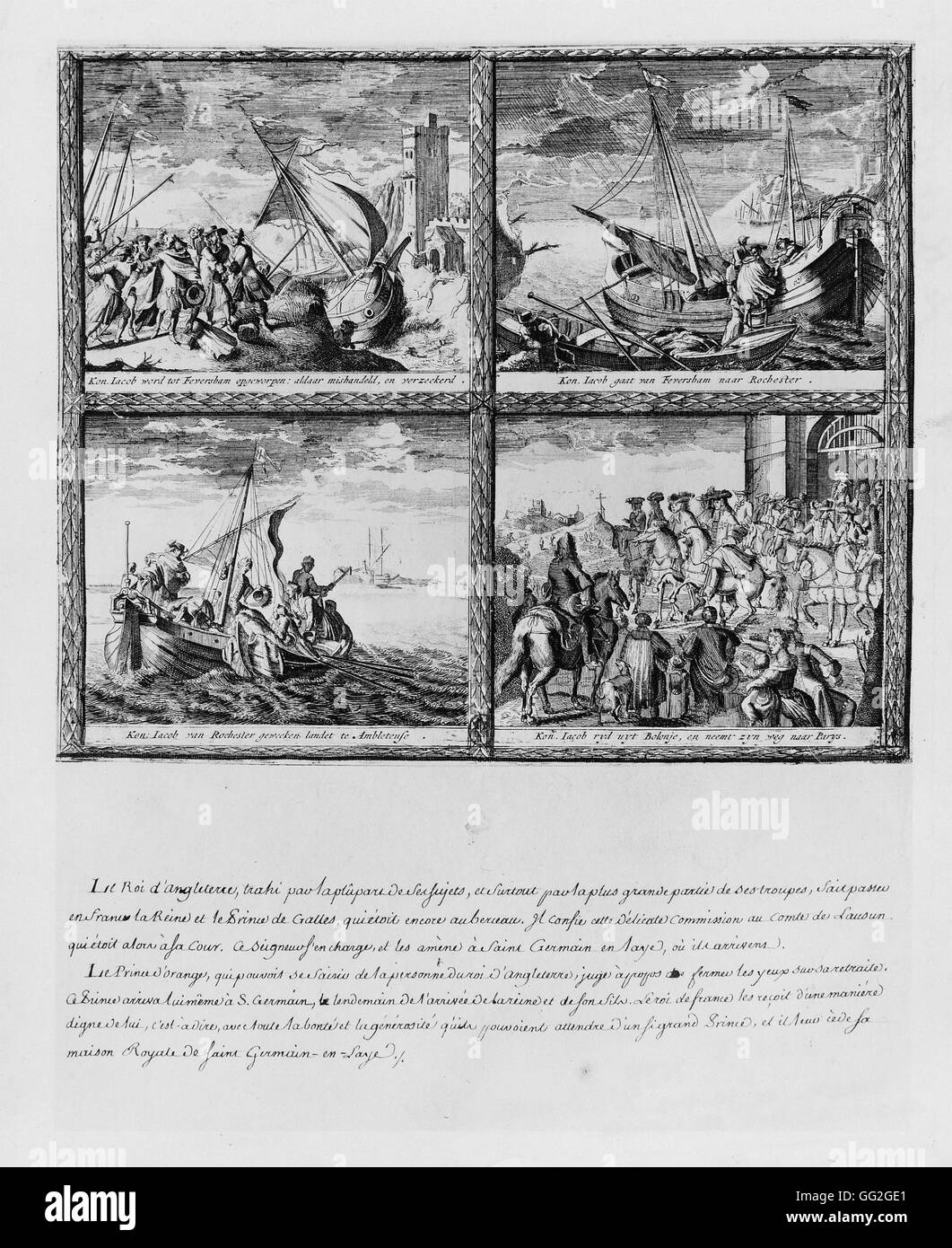 Quattro scene che descrivono la fuga di Giacomo II e al suo arrivo in Francia incisione 1689 Parigi e alla Bibliothèque Nationale de France Foto Stock