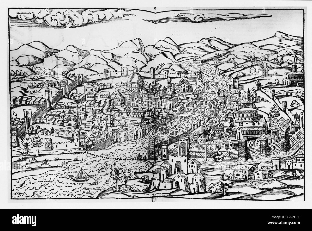 Vista sulla città di Firenze, Italia del XVI secolo incisione di Parigi e alla Bibliothèque Nationale de France Foto Stock