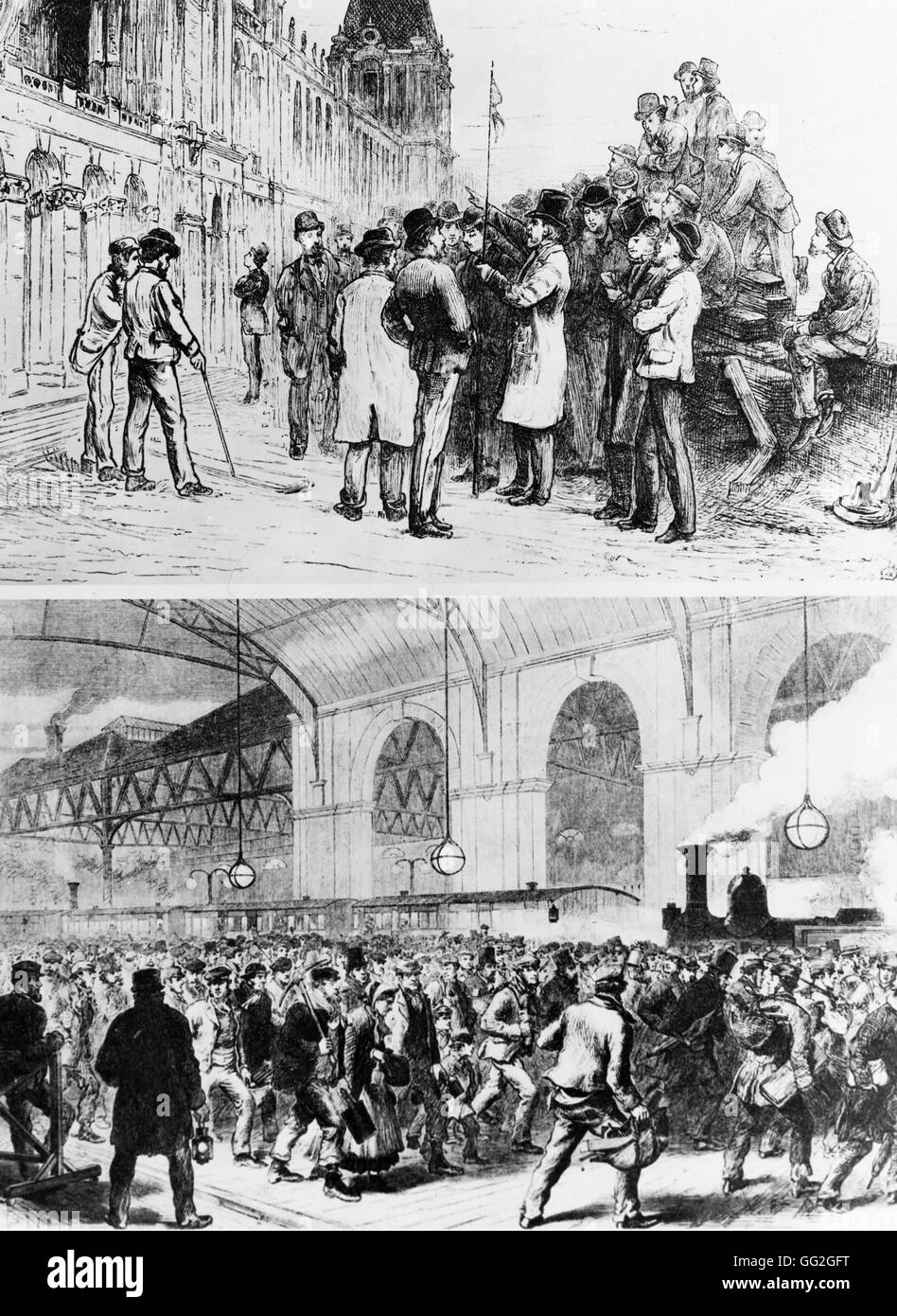 Arrivo della miniera di lavoratori presso la stazione ferroviaria e la dimostrazione per le strade di Londra. Fine del XIX inizio xx secolo incisione collezione privata Foto Stock