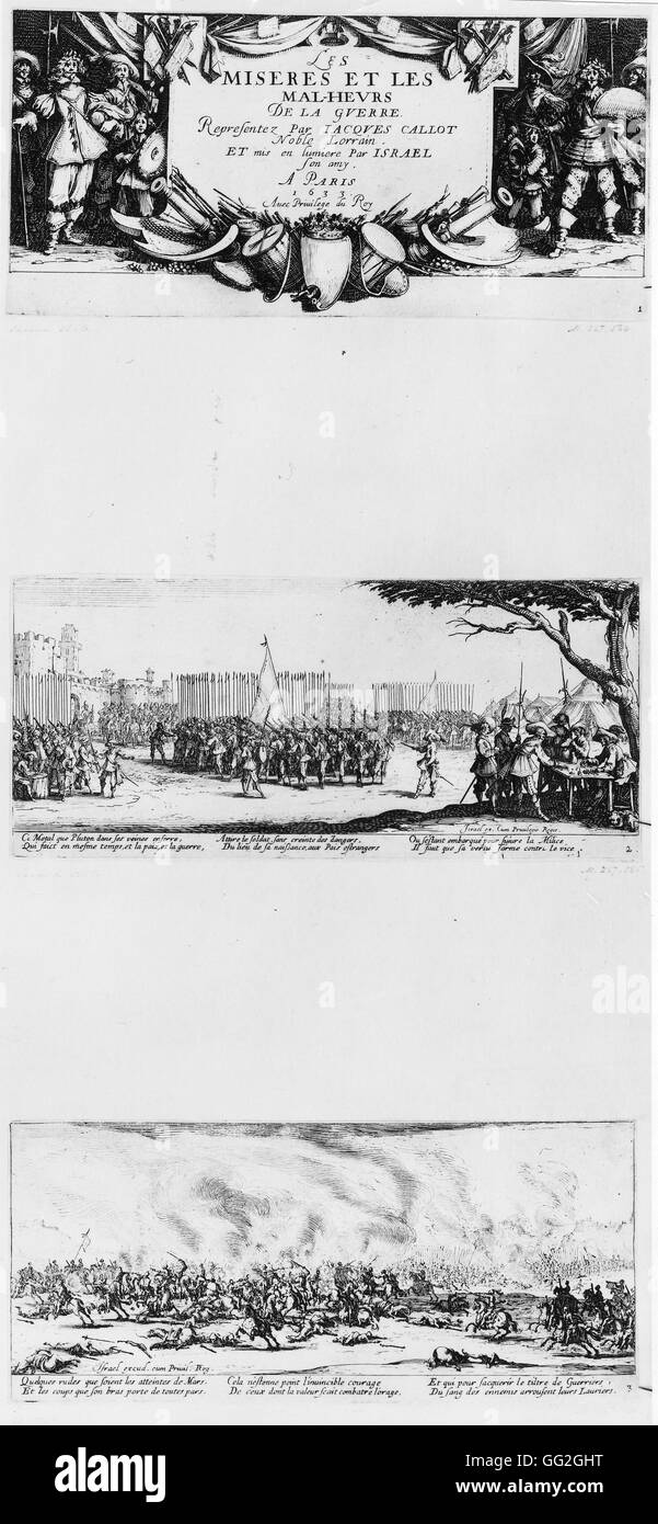 Jacques Callot scuola francese Guerra dei Trent'anni: l'arruolamento (centro) e la battaglia (fondo) 1633 tre incisioni da 'Le miserie e disastri della guerra' che illustra gli orrori della guerra dei Trent anni in Europa. Parigi e alla Bibliothèque Nationale de Fran Foto Stock