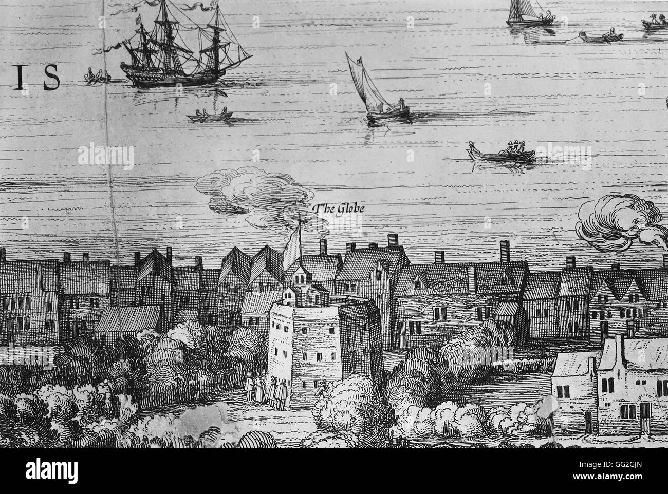 Claes Jansz Visscher scuola olandese vista del Globe Theatre. Dettaglio da Londinum Florentiss[i]ma Britanniae Urbs, 1616. Incisione su carta. Parigi e alla Bibliothèque Nationale de France Foto Stock