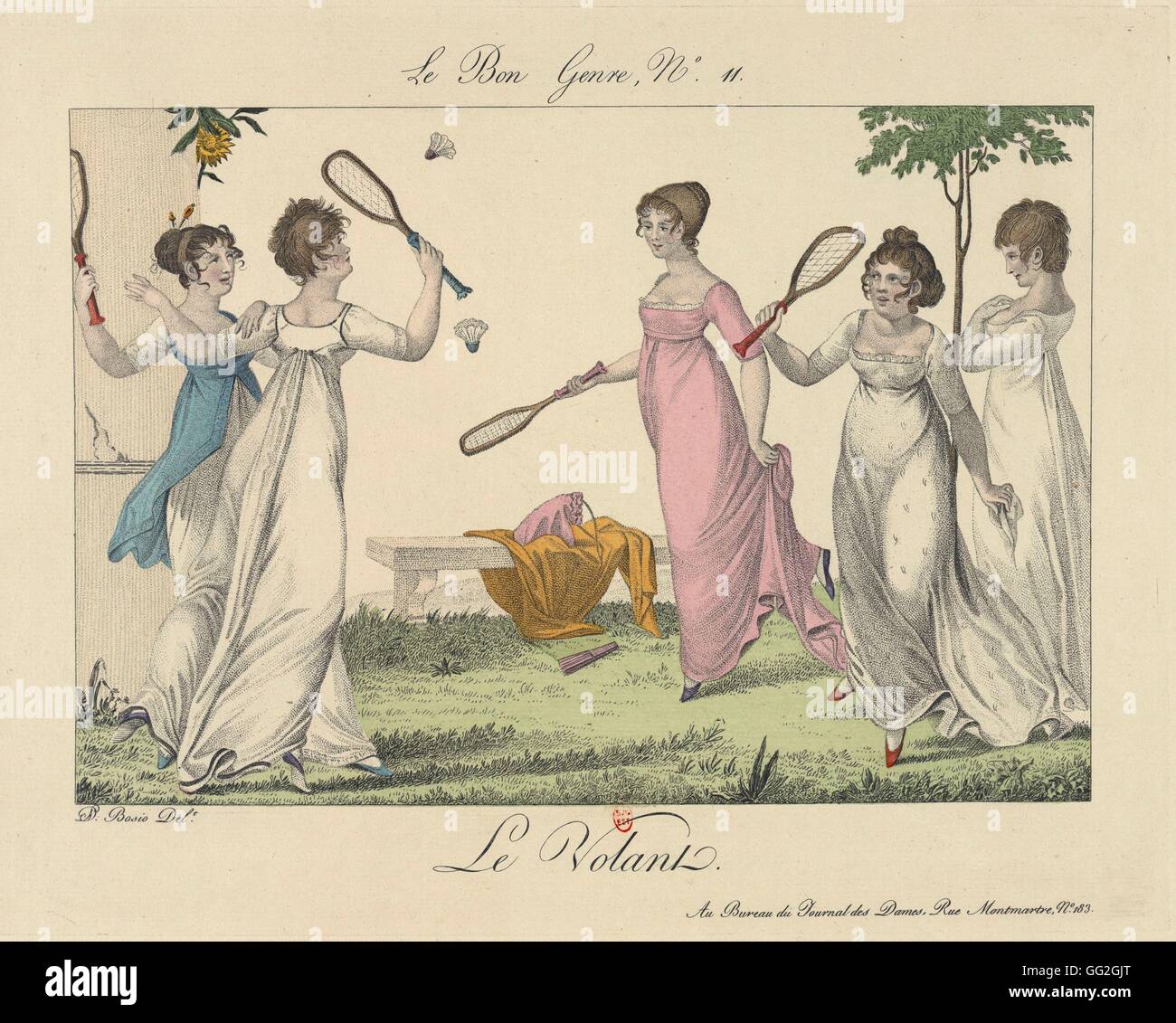 François-Joseph Bosio Monacan scuola giovani donne riproduzione di badminton in un giardino. "Le Bon genere n. 11' 1827 litografia di Parigi e alla Bibliothèque Nationale de France Foto Stock