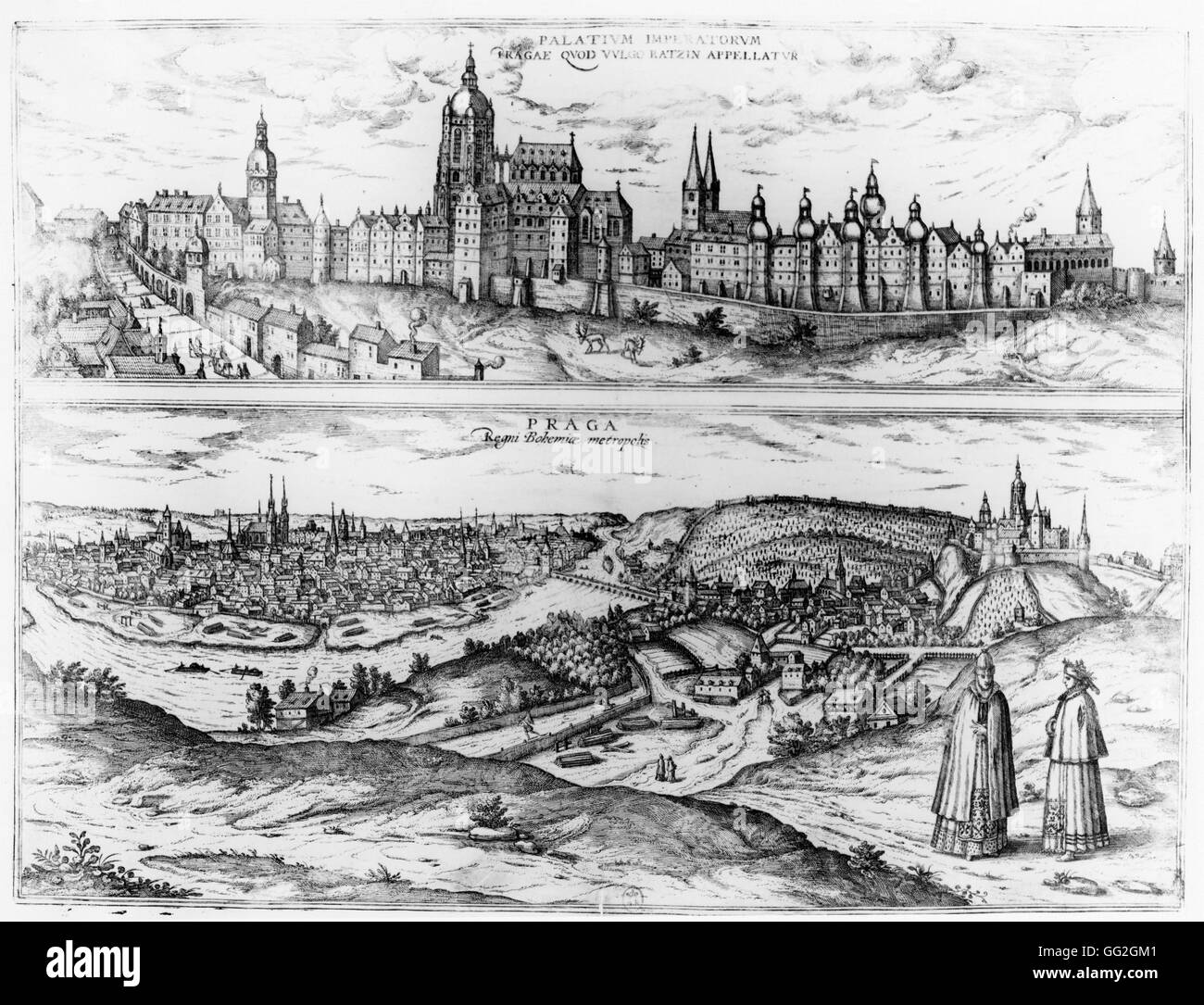 Vista generale e il palazzo imperiale di Praga. Incisione. Xvi secolo Parigi e alla Bibliothèque Nationale de France Foto Stock