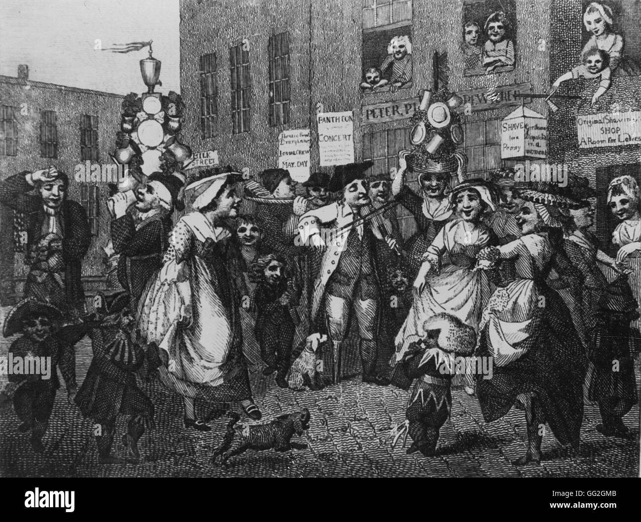 Samuel Collings Scuola di inglese "ay Giorno (Londra)"; mostra milkmaids con ghirlande e spazzacamino ragazzi ballare al di fuori di un pewterer e un barbiere locali del latte in strada. Uno 'garland' della piastra e la vegetazione è in carica della sedia due uomini, uno dei Foto Stock