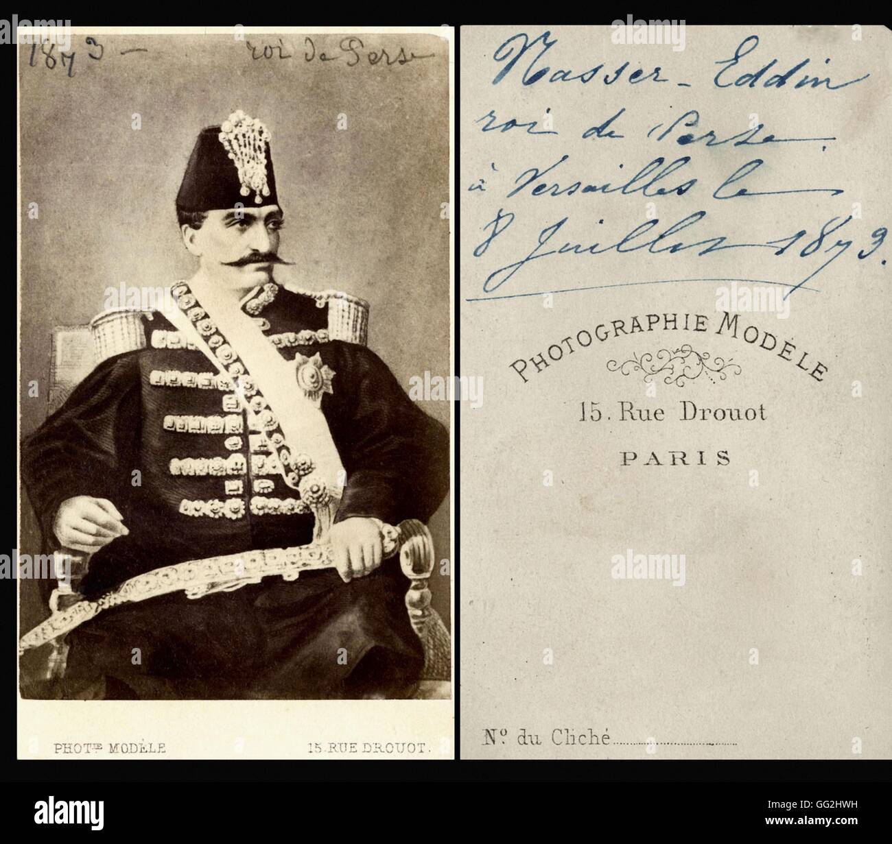 Ritratto di Nasseredin Shah (1831-1896). re di Persia (Iran) come dal 1848 Luglio 8th, 1873 Dimensione : biglietto da visita Foto Stock