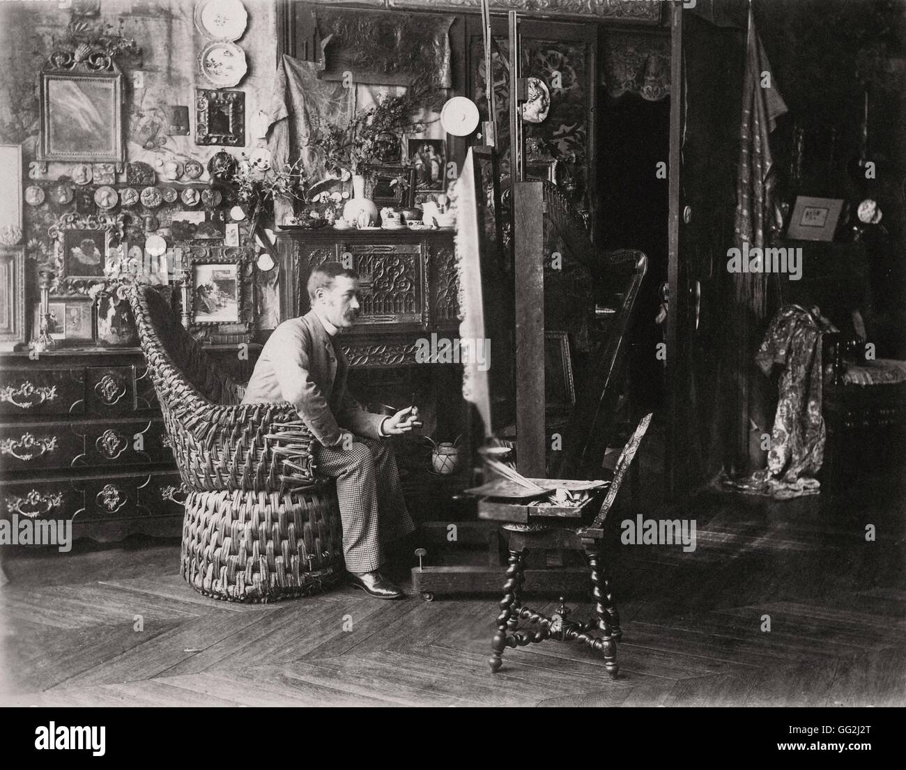 Pittore americano Walter Gay nel suo studio di Parigi. Fotografia di Edmond Bénard c.1885. Albume stampa. Foto Stock