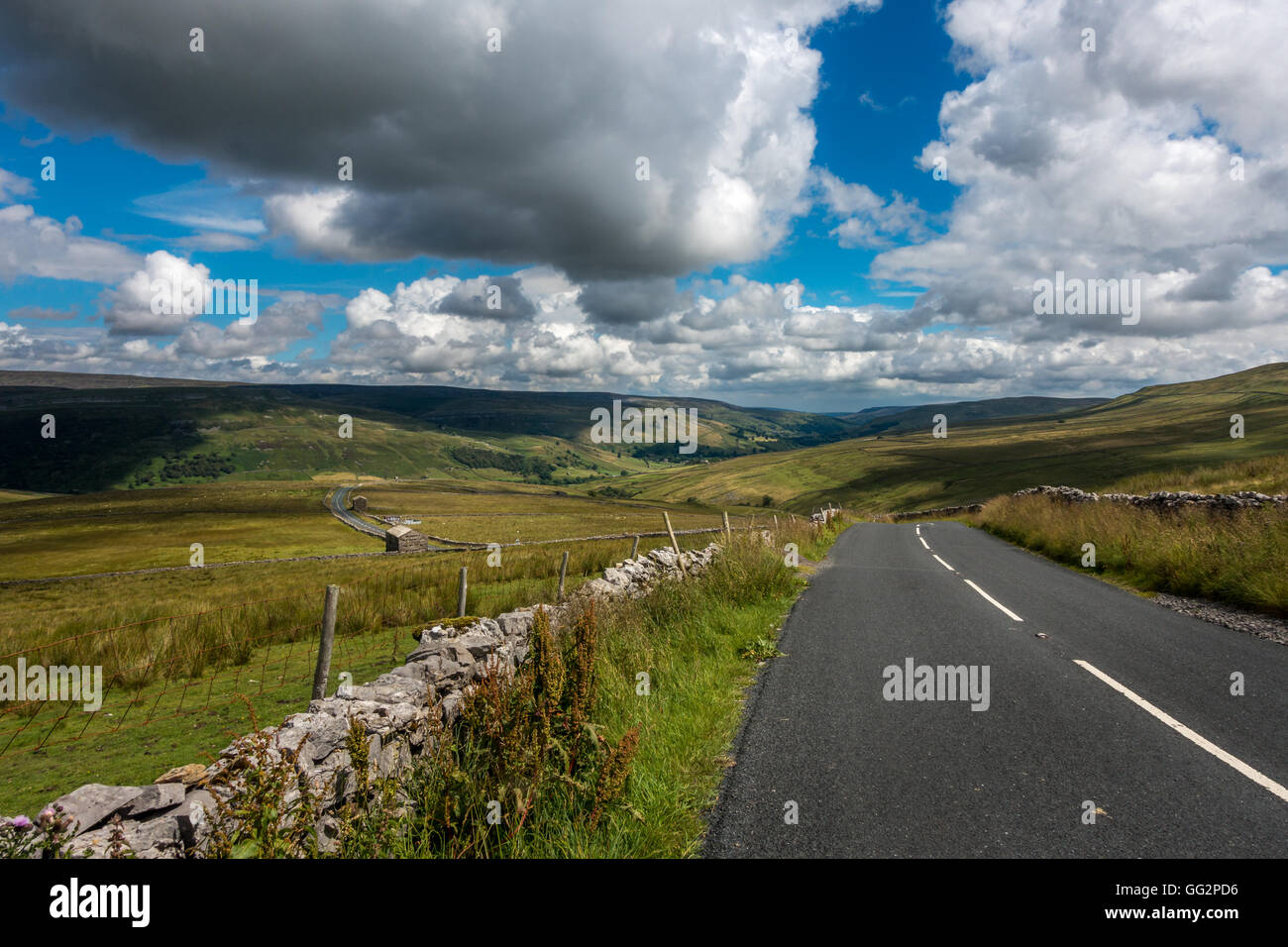 Buttertubs pass road (un famoso percorso in bicicletta) guardando verso Muker e in Swaledale, Yorkshire Dales National Park, Regno Unito Foto Stock