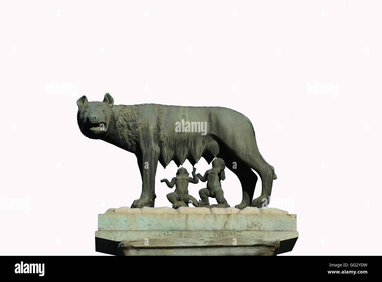 La leggendaria Lupa Capitolina con i gemelli Romolo e Remo, simboleggia la fondazione di Roma. Una piccola replica di bronzo. Foto Stock