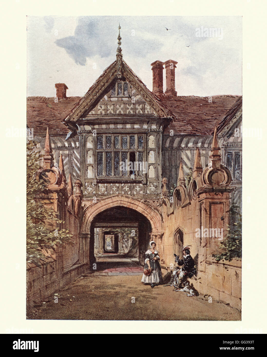 Speke Hall, Lancashire, dopo l'acquerello da Joseph Nash, 1850. Speke Hall è una struttura in legno e bargiglio daub Tudor Manor House. Foto Stock