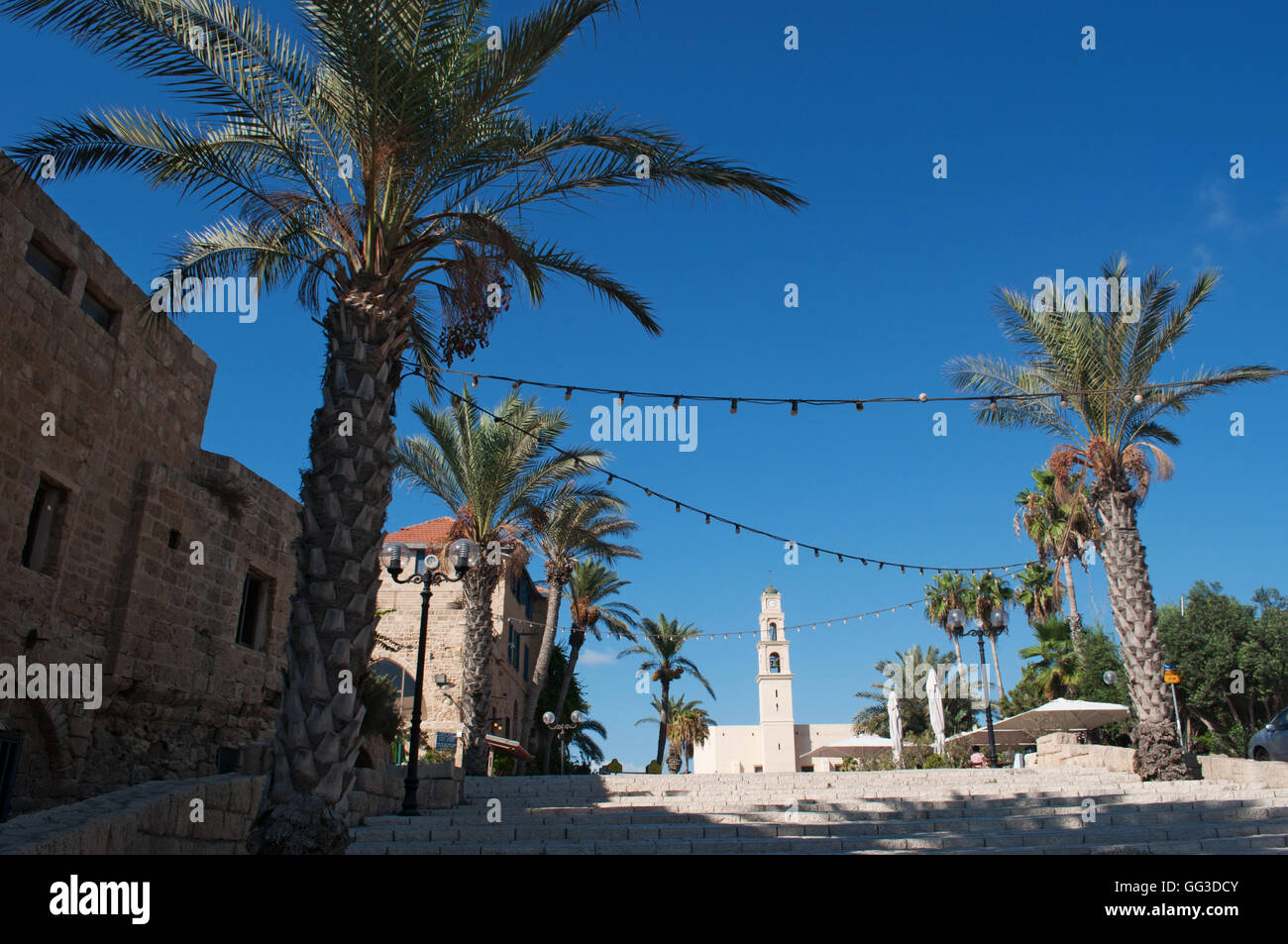 Vecchia Jaffa, Israele, Medio Oriente: palme sulla scalinata di Piazza Kedumim con la chiesa di San Pietro in background Foto Stock