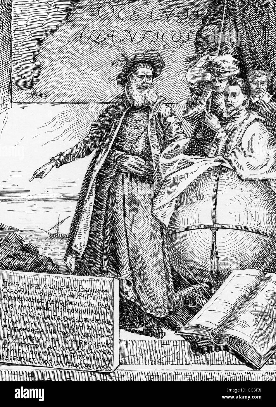 John Cabot. Disegno a inchiostro intitolata "John Cabot e i suoi tre figli dalla foto nel Palazzo dei Dogi di Venezia', da David McNeely Stauffer, mostra navigatore genovese e explorer, John Cabot (Giovanni Caboto: c.1450-1500) e i suoi tre figli. Foto Stock