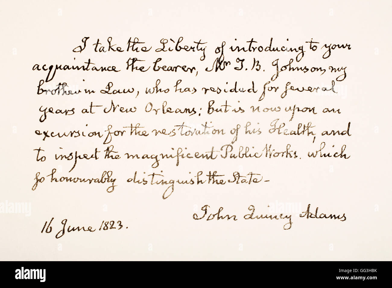 John Quincy Adams, 1767 - 1848. Il figlio maggiore del Presidente John Adams e sesto presidente degli Stati Uniti d'America. La scrittura a mano campione. Foto Stock