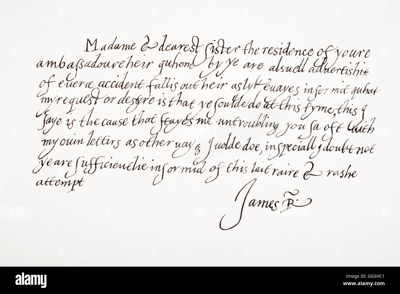 Giacomo VI e I, 1566 - 1625. Re di Scozia come Giacomo VI e Re di Inghilterra e Irlanda come James I. La scrittura a mano campione. Foto Stock