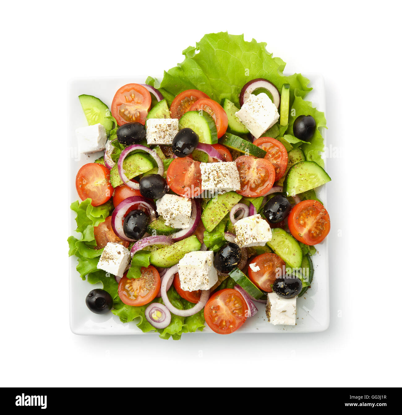 Vista superiore dell'insalata greca isolato su bianco Foto Stock