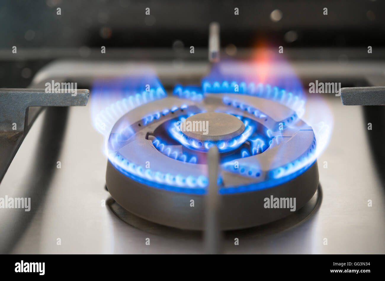 Combustione di gas da cucina fornello a gas Foto Stock