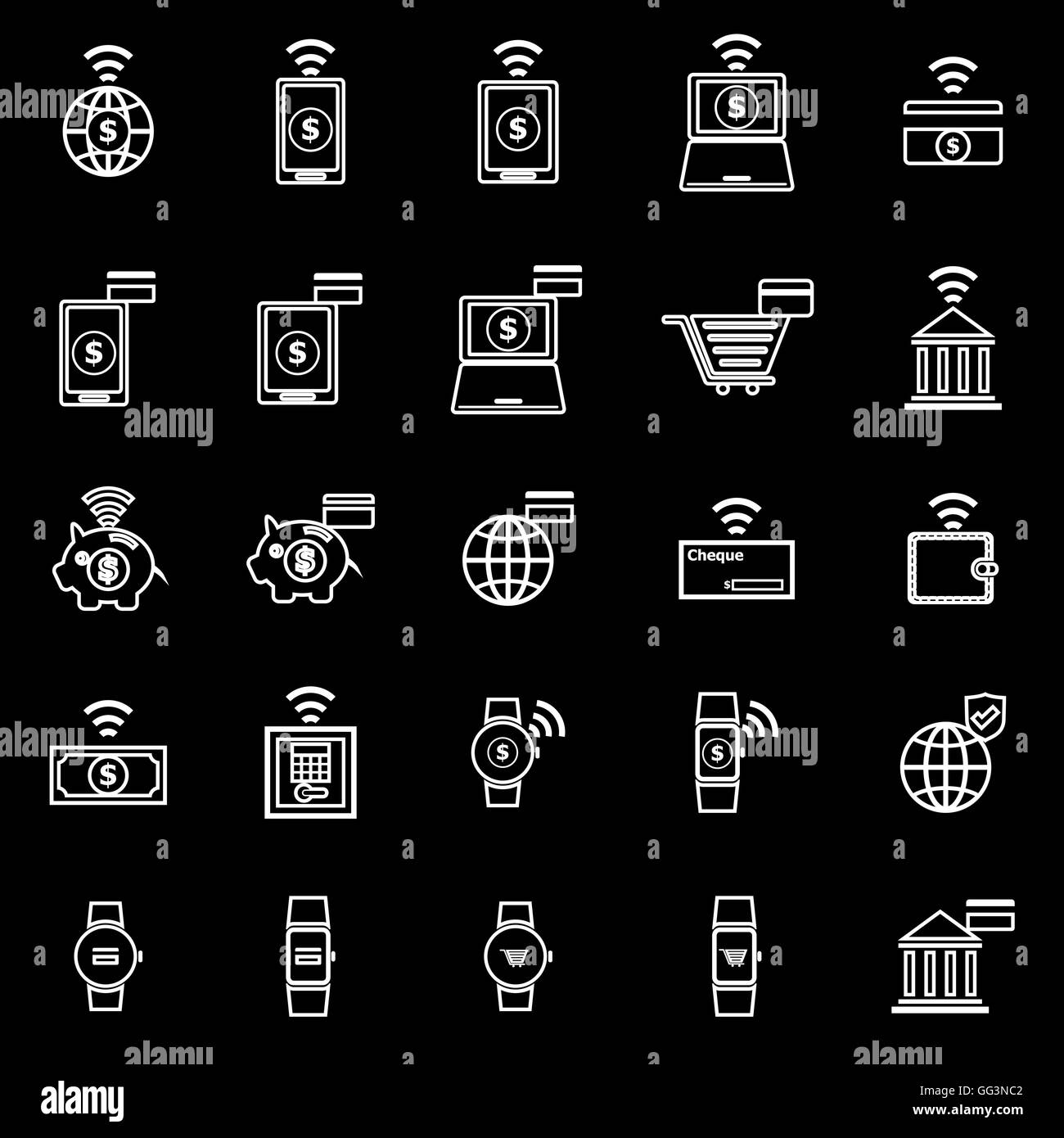 Linea di Fintech icone su sfondo nero, vettore di stock Illustrazione Vettoriale