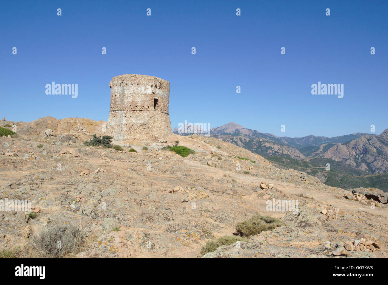 Torre di avvistamento genovese su Capu Rossu, su Golfe de Porto vicino Piana, Corsica, Francia Foto Stock