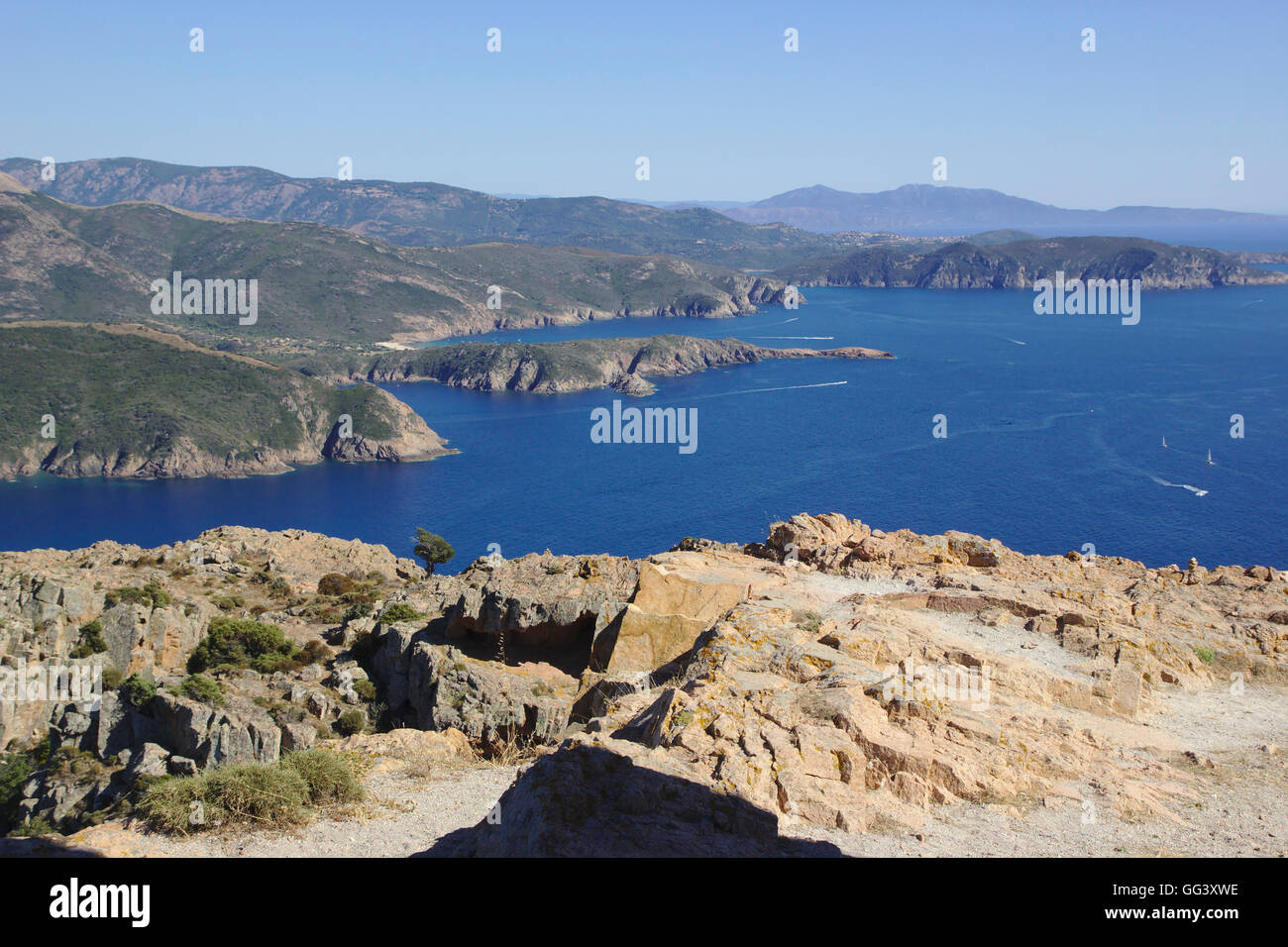 Vista da Capu Rossu vicino Piana, Corsica, Francia Foto Stock