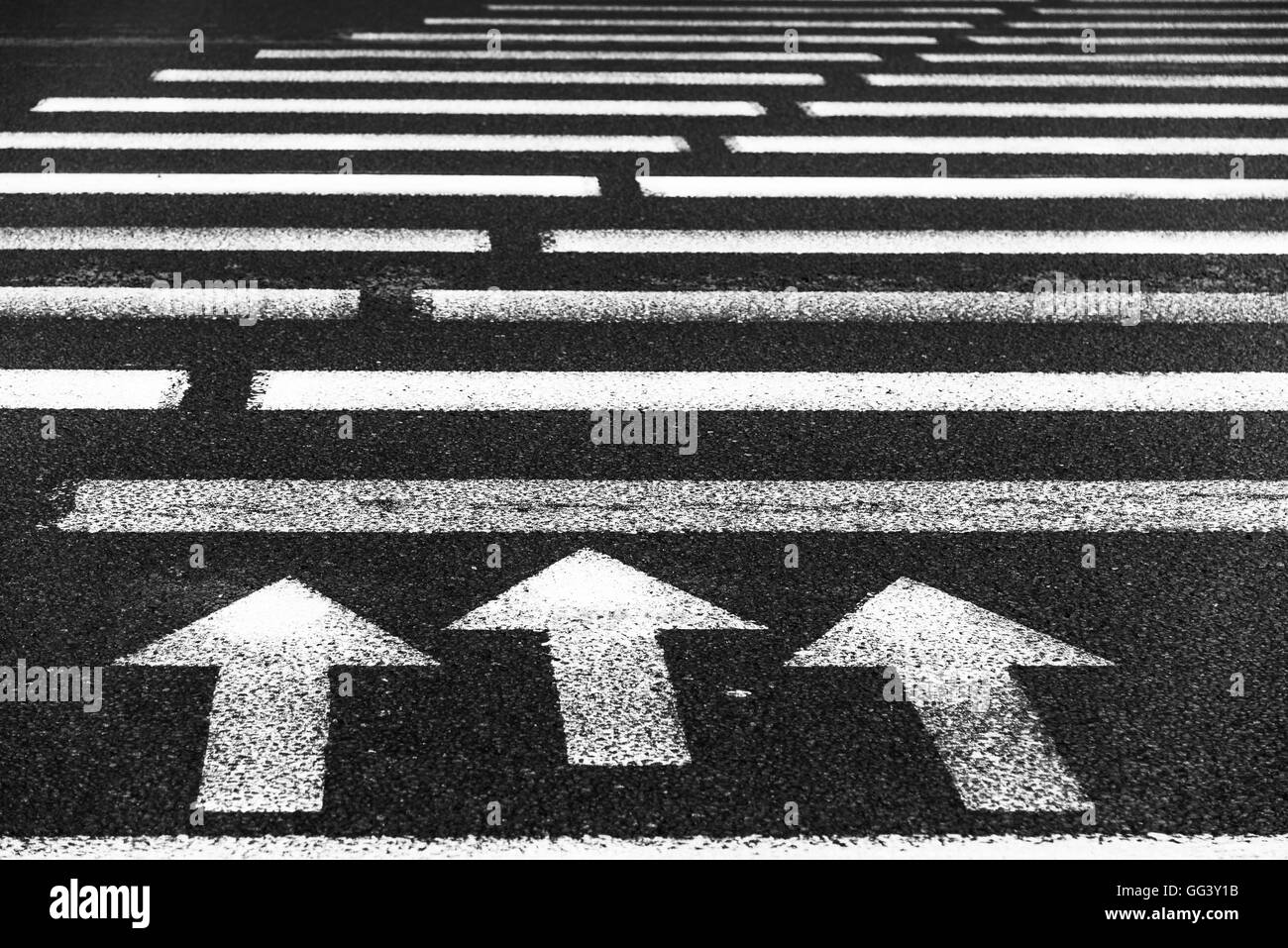 Attraversamento pedonale con la segnaletica stradale: frecce bianche e rettangoli su asfalto scuro Foto Stock