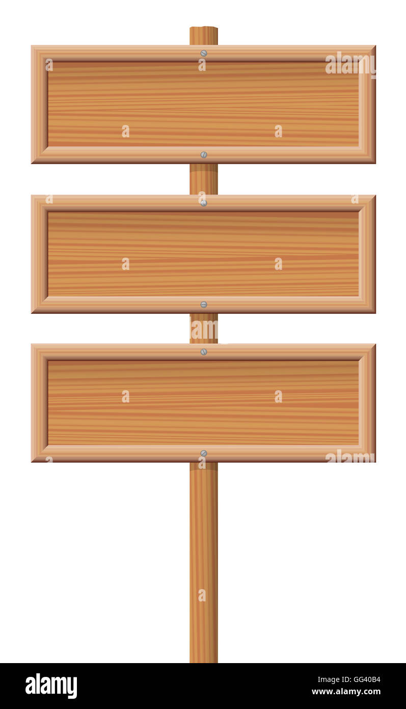 Tre di legno cartelli di segnalazione non marcato avvitato su un palo di legno. Foto Stock