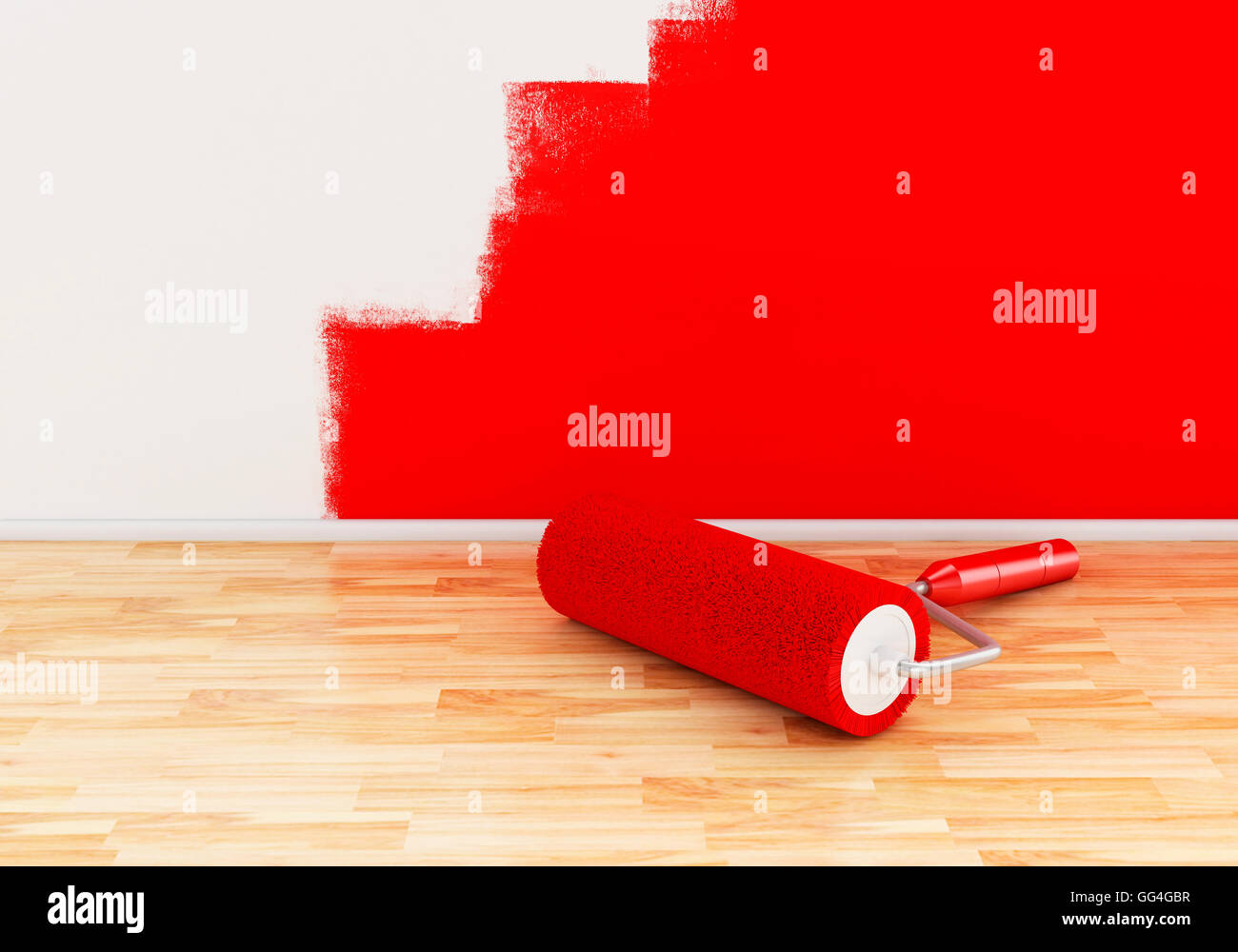 3D renderer immagine. Rullo di vernice con il colore rosso. Foto Stock