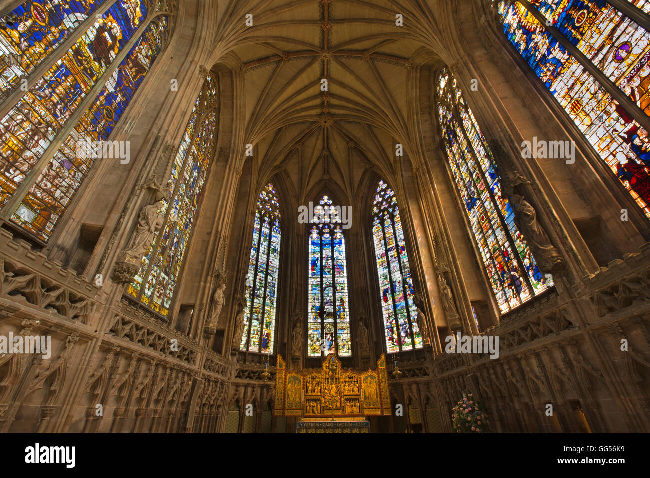 Regno Unito, Inghilterra, Staffordshire, Lichfield Cathedral, Lady cappella, la C16th Herkenrode windows Foto Stock