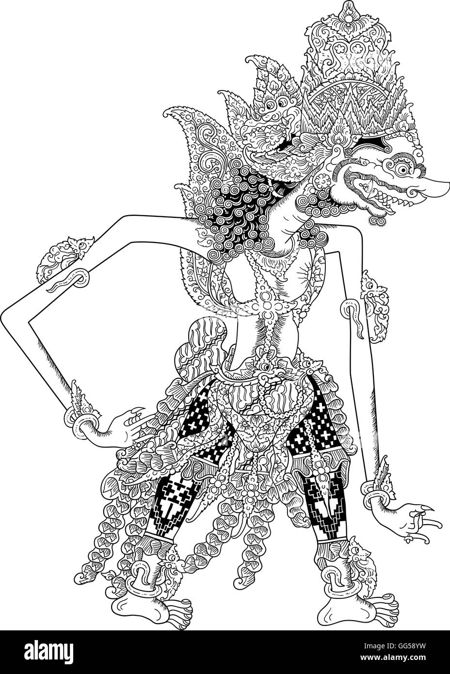 Prabu Sukrasa, un carattere di tradizionale spettacolo di marionette, Wayang Kulit da java indonesia. Illustrazione Vettoriale