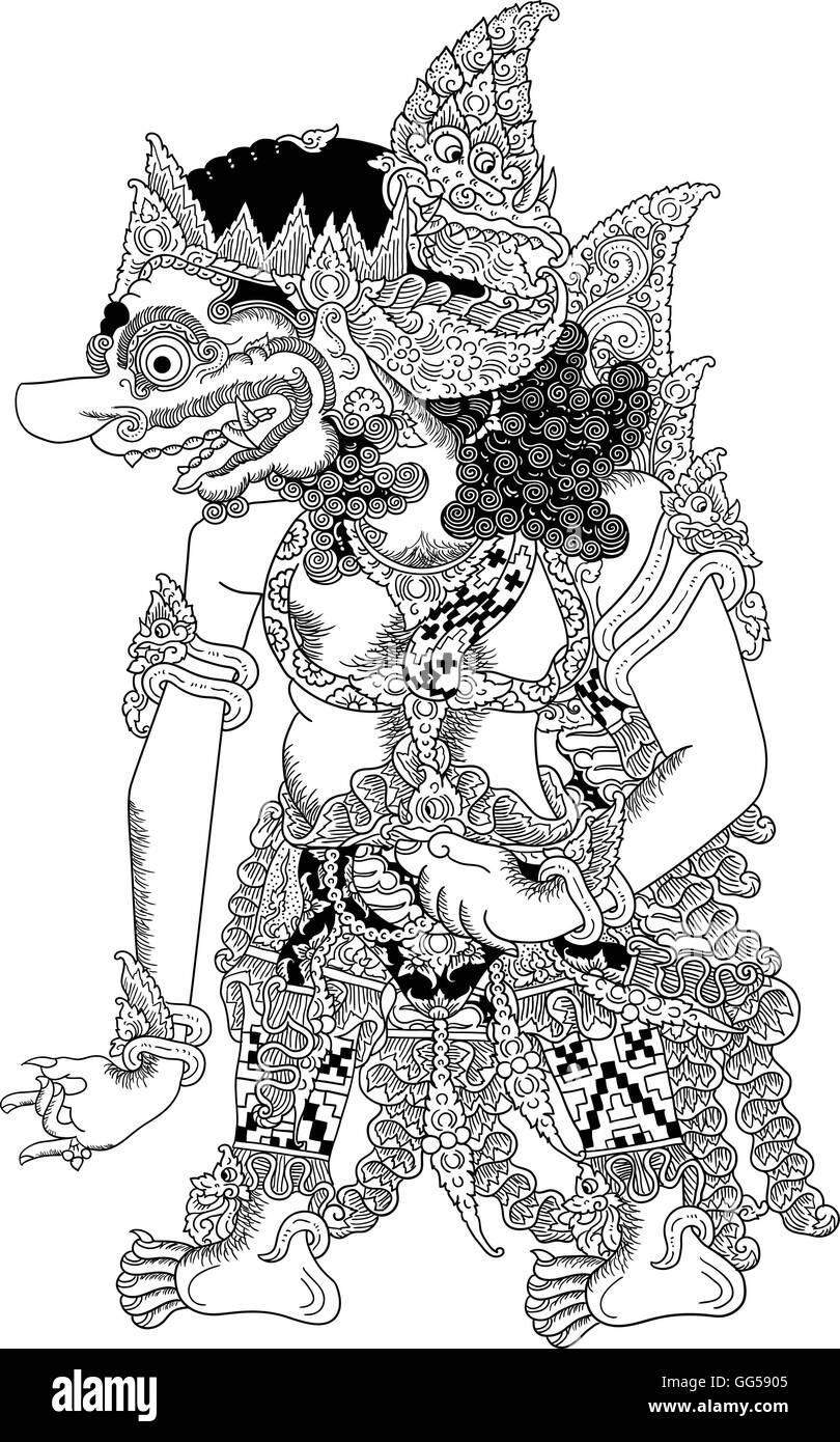 Banjaranjali, un carattere di tradizionale spettacolo di marionette, Wayang Kulit da java indonesia. Illustrazione Vettoriale