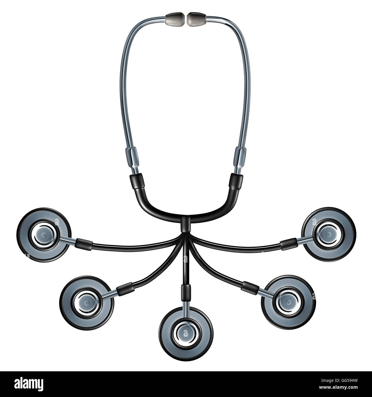 Il team medico medico e simbolo di gruppo come un medico stetoscopio con collegamenti multipli come una icona di medicina per curare la salute europea e ospedale di professionisti che lavorano insieme in un regno di rete come un 3D'illustrazione. Foto Stock