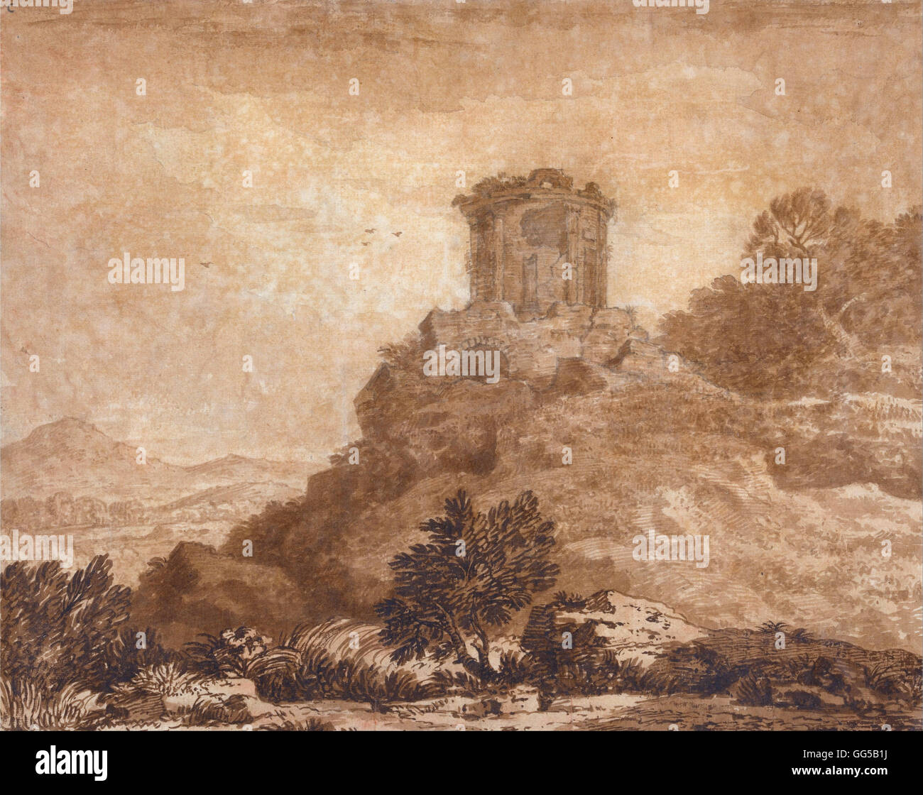 Alexander Cozens - Paesaggio con un tempio in rovina Foto Stock