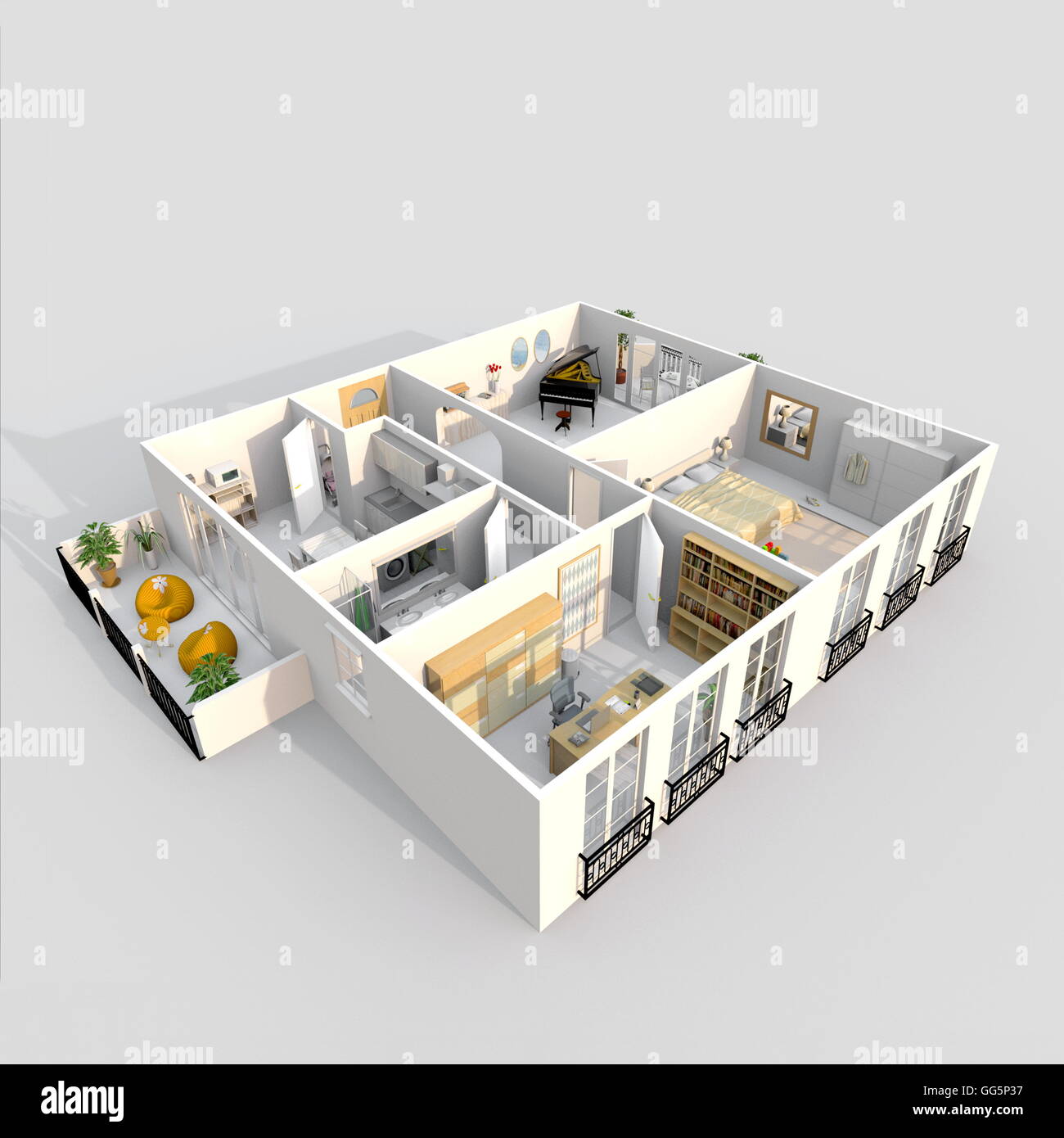 3D Interni rendering vista prospettica della casa arredato appartamento con balcone Foto Stock