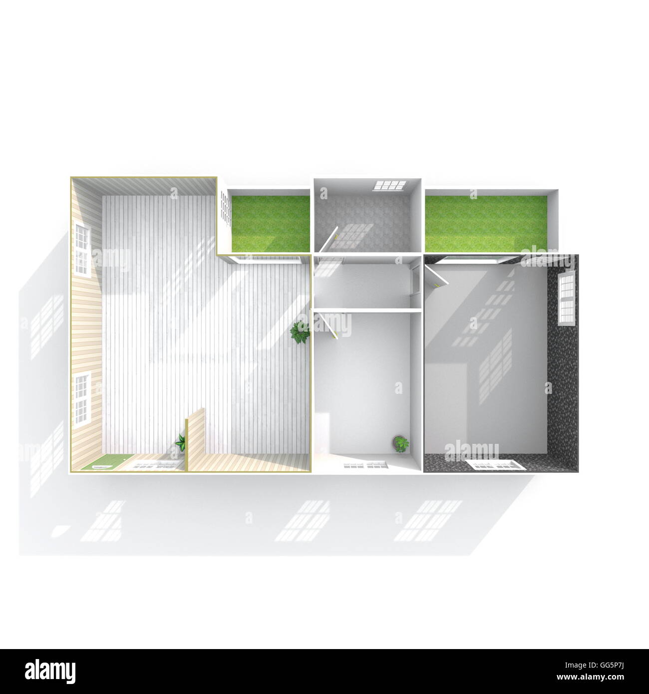 3D Interni rendering vista in pianta del vuoto home appartamento con due balconi Foto Stock