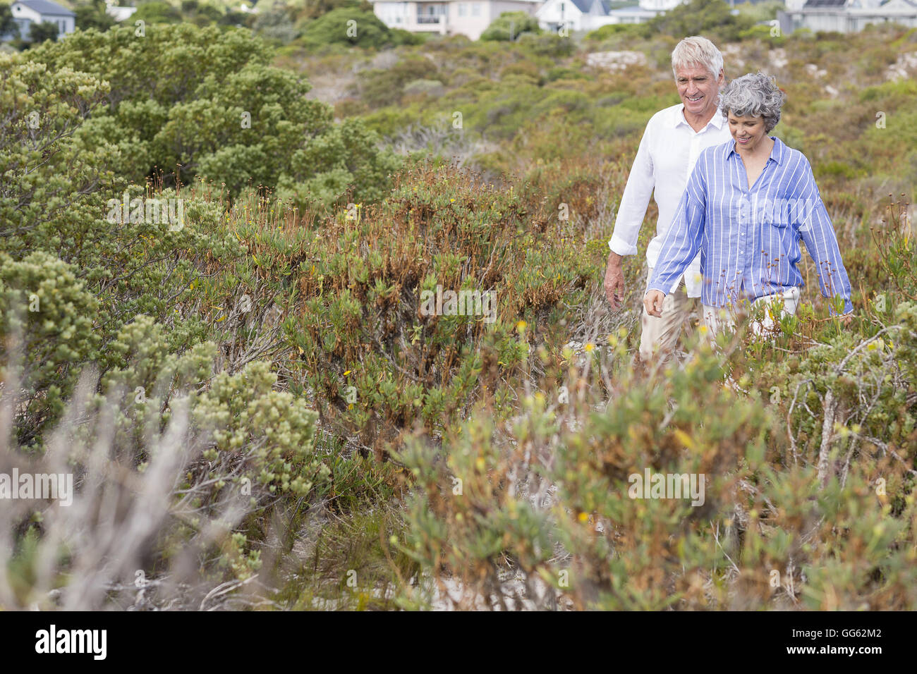 Vecchia coppia camminare in un prato Foto Stock