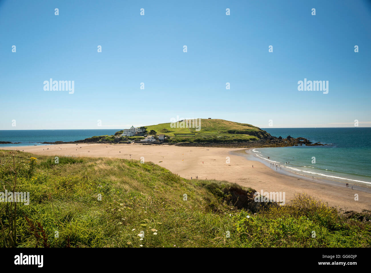 Burgh isola e la spiaggia di Bigbury-su-Mare a sud prosciutti, Devon, Regno Unito Foto Stock