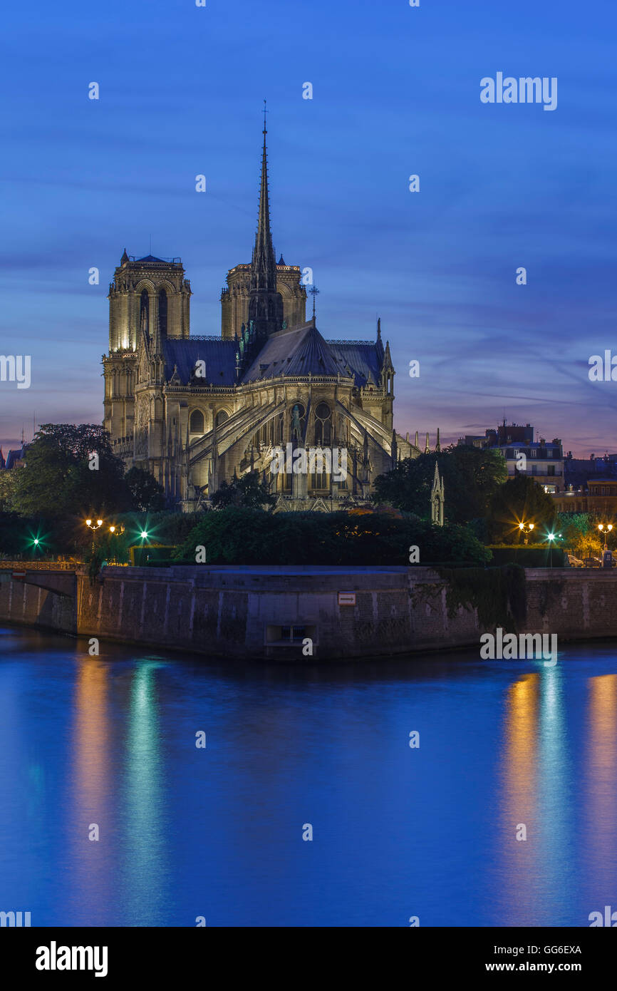Il medievale la cattedrale di Notre Dame a l'Ile de la Cite in prima serata la luce e il Fiume Senna, Parigi, Francia, Europa Foto Stock