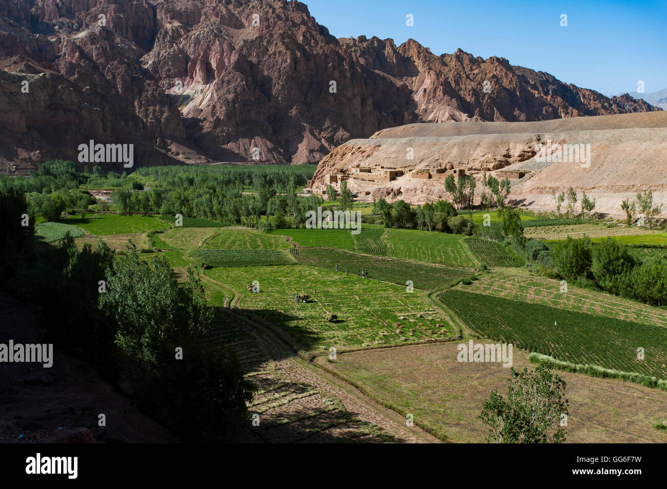 Paesaggi selvaggi e verde patchwork campi nei pressi Shahr-e Zohak, Afghanistan, Asia Foto Stock