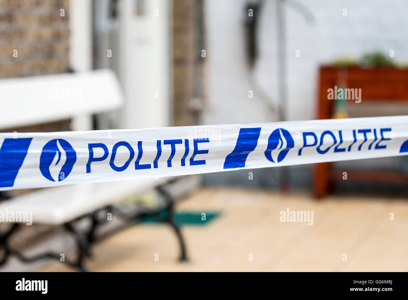 La polizia belga / politie nastro in corrispondenza della scena del crimine, Belgio Foto Stock