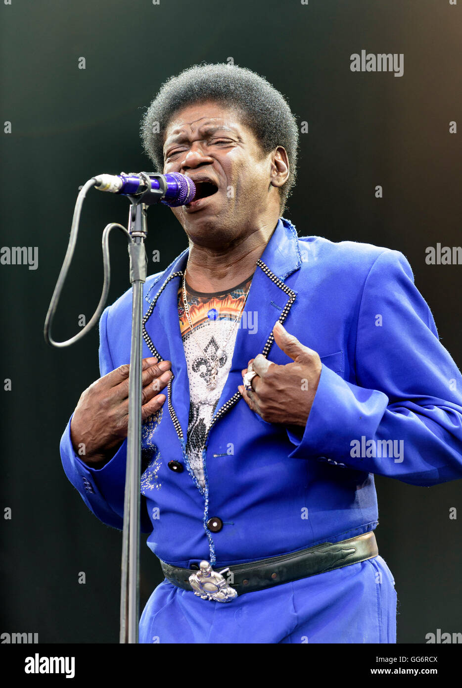 Charles Bradley effettuando al Womad Festival, Charlton Park di Malmesbury, Wiltshire, Inghilterra, luglio 29, 2016 Foto Stock