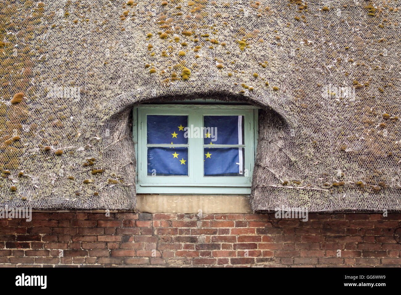 Cambridge, Regno Unito. Un vecchio cottage con tetto di paglia di visualizzazione di una bandiera dell'Unione europea in una finestra Foto Stock