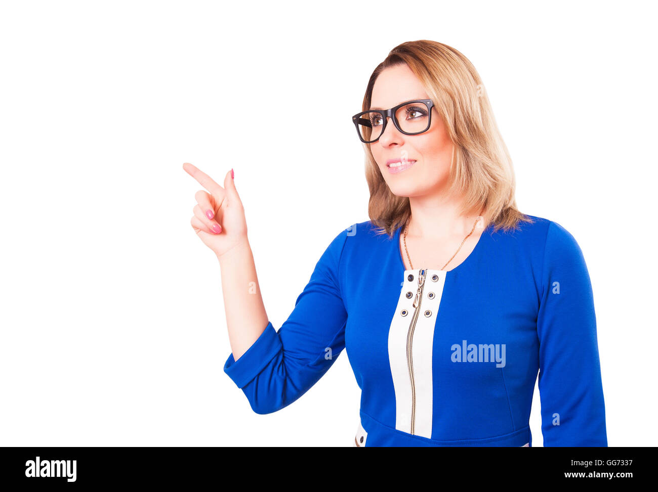 La donna punti un dito. Studio shot. Isolato su sfondo bianco Foto Stock