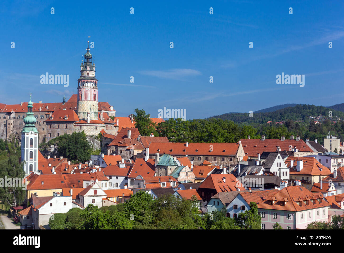 Vista generale della città storica Cesky Krumlov Castle Cityscape Cesky Krumlov Repubblica Ceca Europa Foto Stock